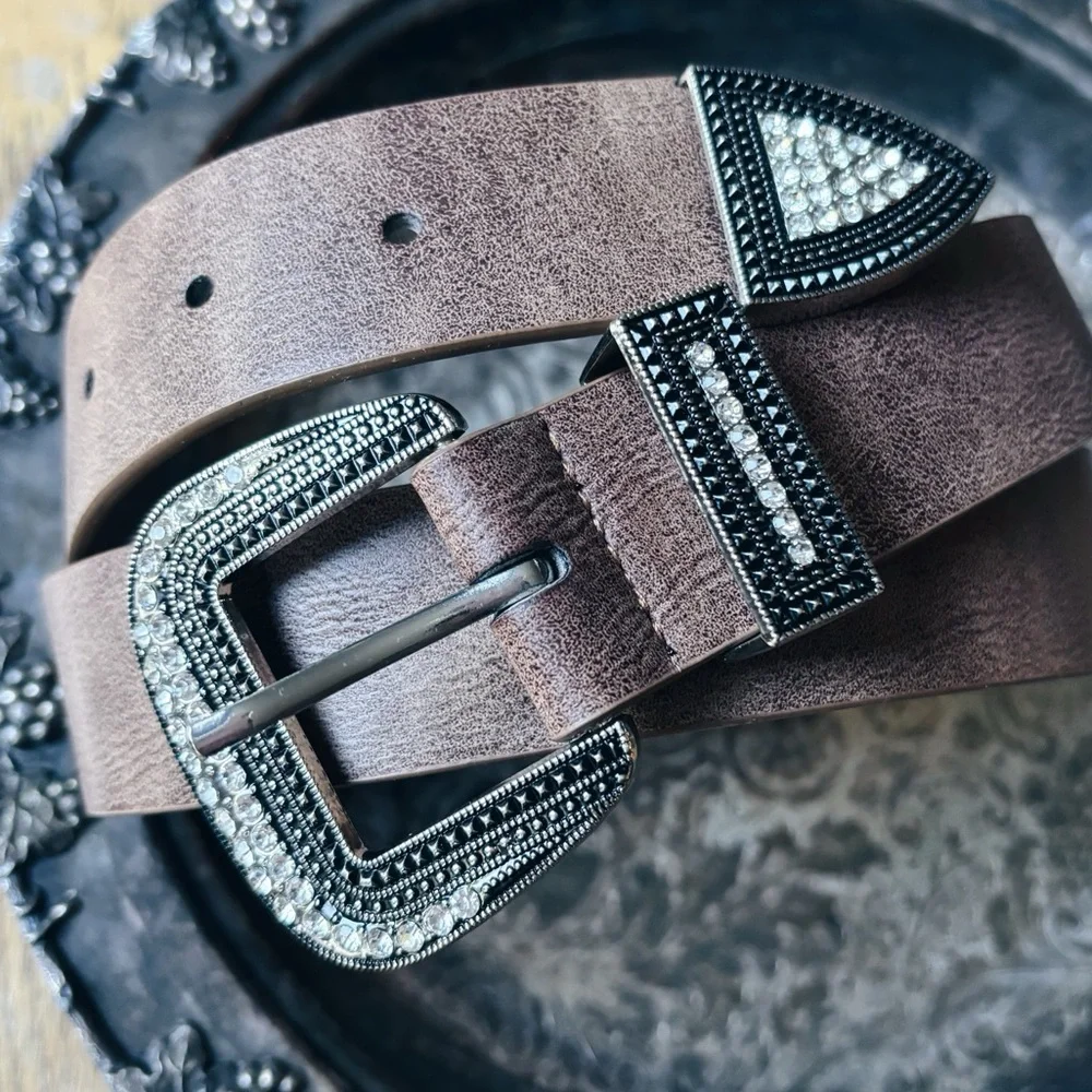 Western Rhinestone Vegan Leather Belt | Warm Brown & Silver | Size 34